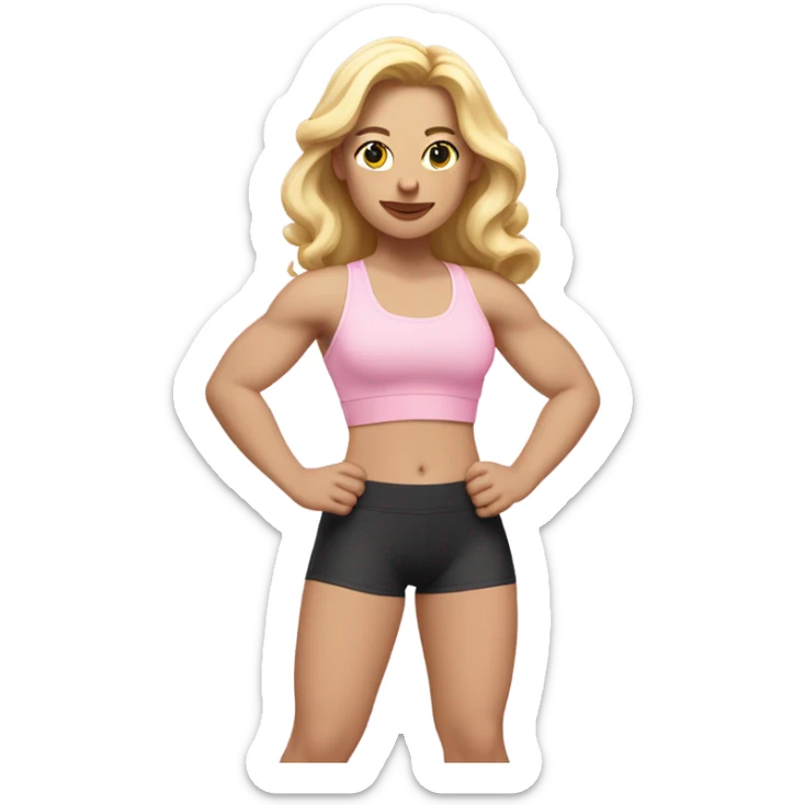 White woman, pale skin, long hair, blonde hair, wavy hair, baby pink sports bra, baby pink leggings, flexing right arm sticker