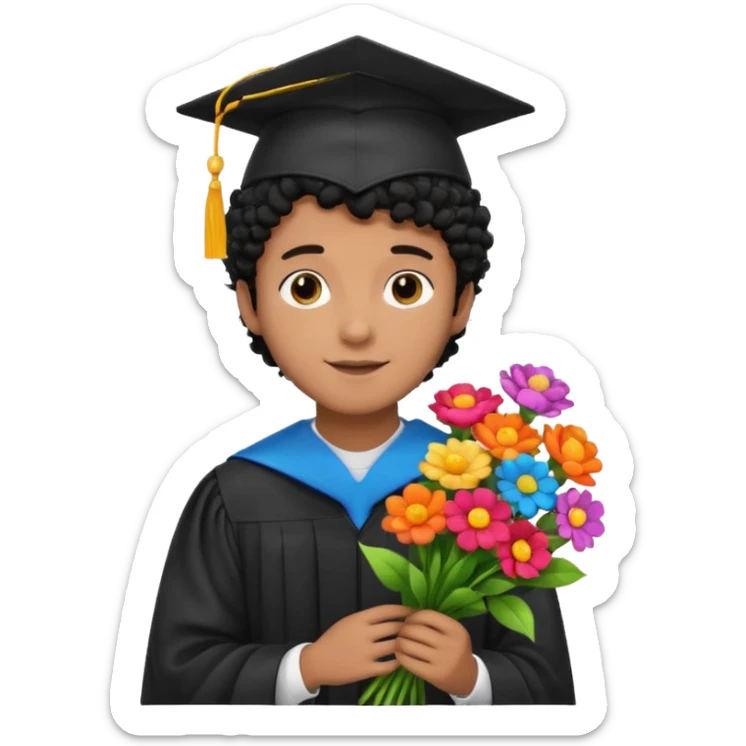 Graduated Students, Male,  brown skin, black curly hair, wearing graduation cap, holding bouquet of flowers
 sticker