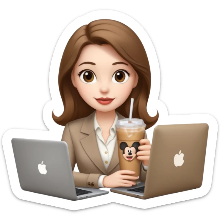 Women in front of laptop that has a Mickey sticker on it, with a happy face, face a little fuller, lips plump, full eyebrows, long light brown hair, light brown big eyes, light pale skin with a iced coffee on the side, business attire sticker