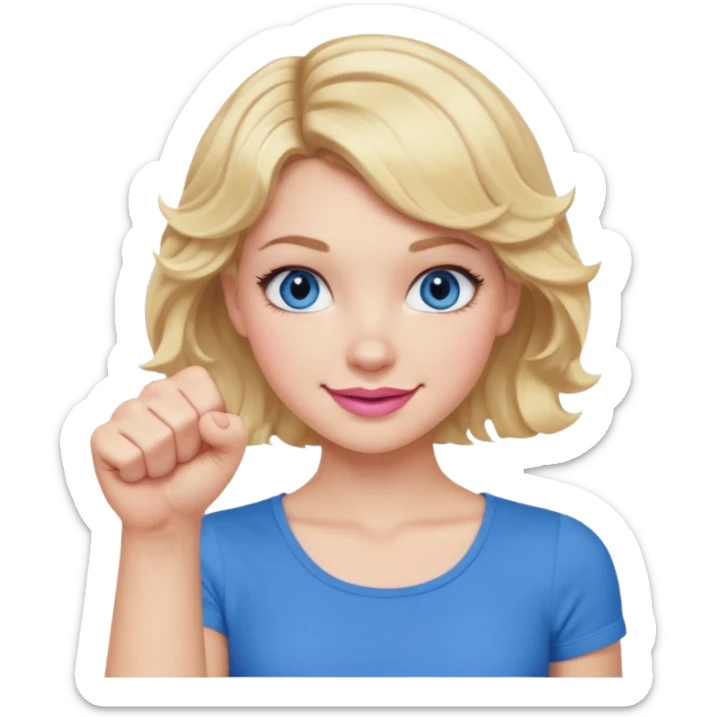 Girl Blonde short wavy hair,  blue eyes, cute blue top, long lashes, pink lips, smiling, 👊🏻 sticker