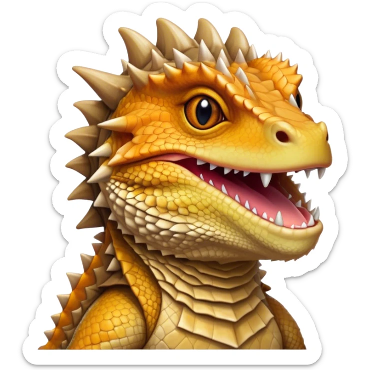 Cinematic Noble Bearded Dragon Portrait Emoji, Poised and regal, with a robust, angular build and a textured, scaled hide in earthy olive and sandy tones, a prominent spiky 'beard' beneath its chin and a keen, alert gaze, Simplified yet sharp and sophisticated features, highly detailed, glowing with a soft, dignified glow, high shine, intelligent and fierce, stylized with an air of desert majesty, focused and attentive, soft glowing outline, capturing the essence of a watchful and commanding reptile, so majestic it feels as though it could scuttle out of the screen with effortless authority! sticker