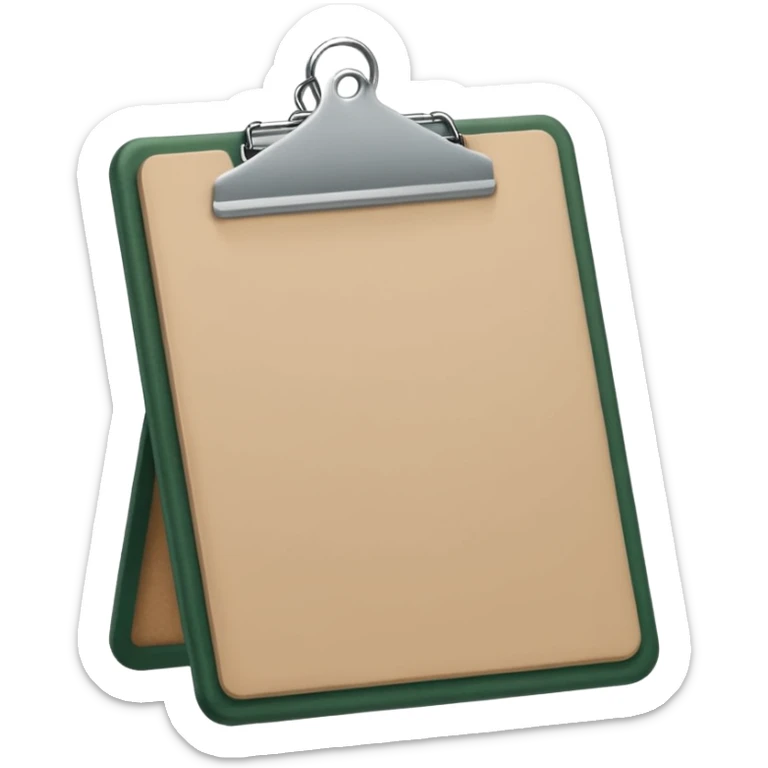 emoji of dark green clipboard with light beige paper, no text, Apple emoji style sticker