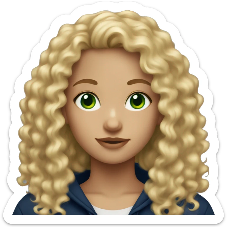 Blonde curly hair girl with green eyes and navy blue hoodie sticker