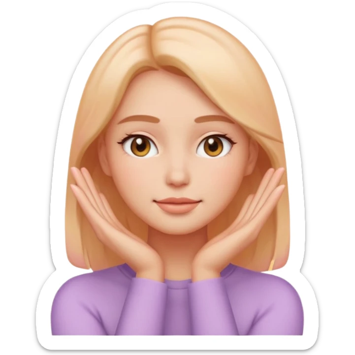 Emoji of glowing female face with hands on cheeks, skincare, pastel, flat, minimal sticker