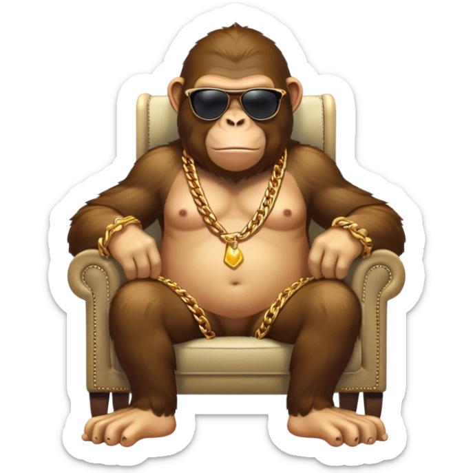 ape with big golden chain on the neck wearing sunglasses sitting in the armchair full height sticker