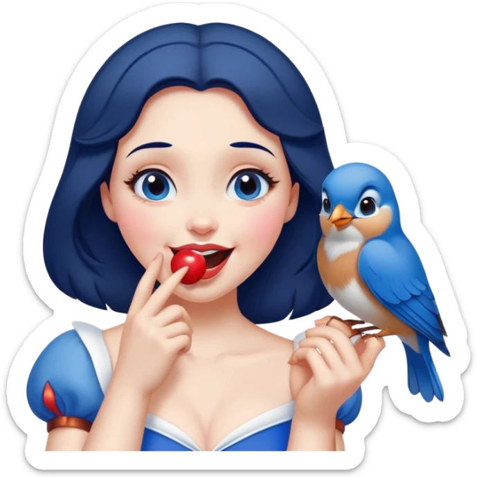 Cinematic Adorable Snow White Portrait Emoji, Giggling as a bluebird perches on her finger, cheeks rosy with joy, bright expressive eyes full of wonder, her innocence and beauty blending into a heartwarming moment! sticker