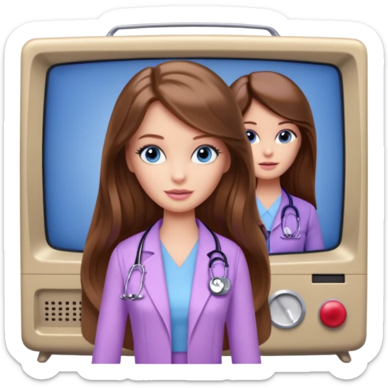 beautiful barbie girl with long brown hair, blue eyes and wearing light purple clothes watching tv show doctor who sticker