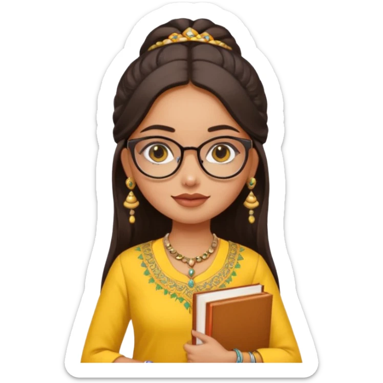 a pretty bratz fair indian girl wearing spectacles, jhumkas, kurti yellow, carrying books sticker