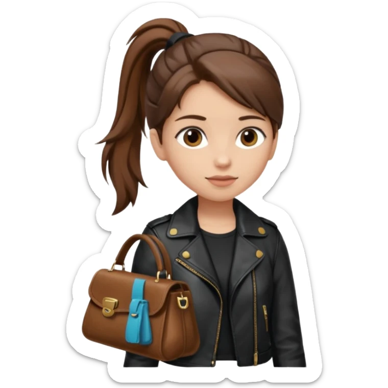 A girl with a pony tail brown hair and white ish skin with a black jacket and a brown purse  sticker