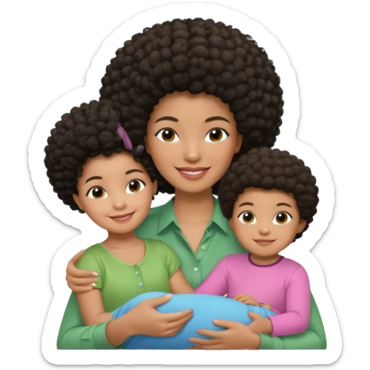 Polaroid photo with a Black woman with an afro hairstyle and a green blouse, two children: a boy with straight hair and a blue shirt, and a baby girl in a pink shirt. All are smiling. sticker