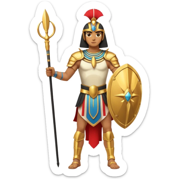fullbody egyptian ancient soldier with spear and golden armor, only gold colors, no red or blue, holding shield sticker