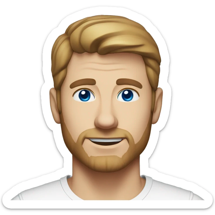 A head and shoulders shot of a 33 year old white man, with short brown hair, with none facial hair,   with blue eyes wearing a t-shirt. sticker