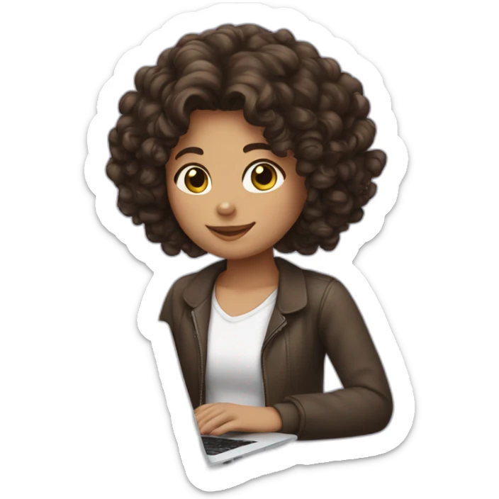 girl with curly dark brown hair with laptop and white hearts back sticker