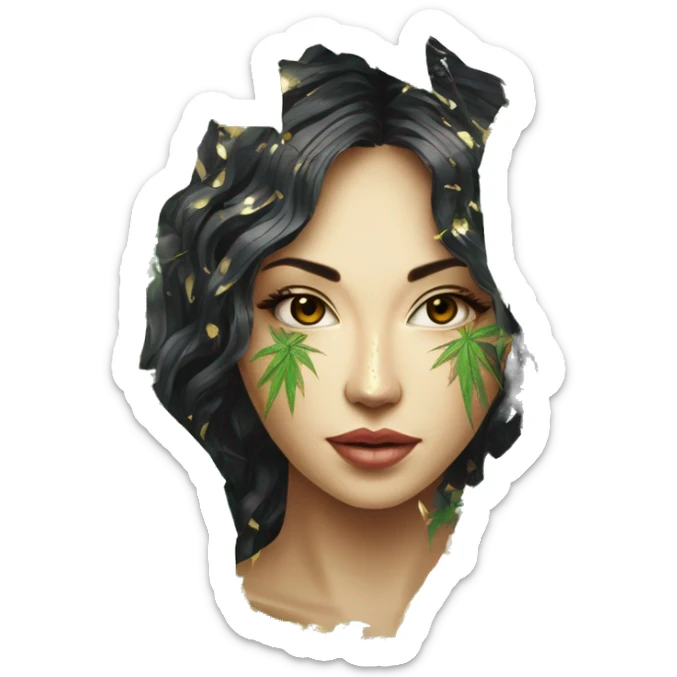  Hemp 420 lady face melting gold drizzle kintsugi palm leaves tropical made of 420 origami newspaper roses hemp leaves lantern fairy lights burning paper and hemp leaves in hair sticker
