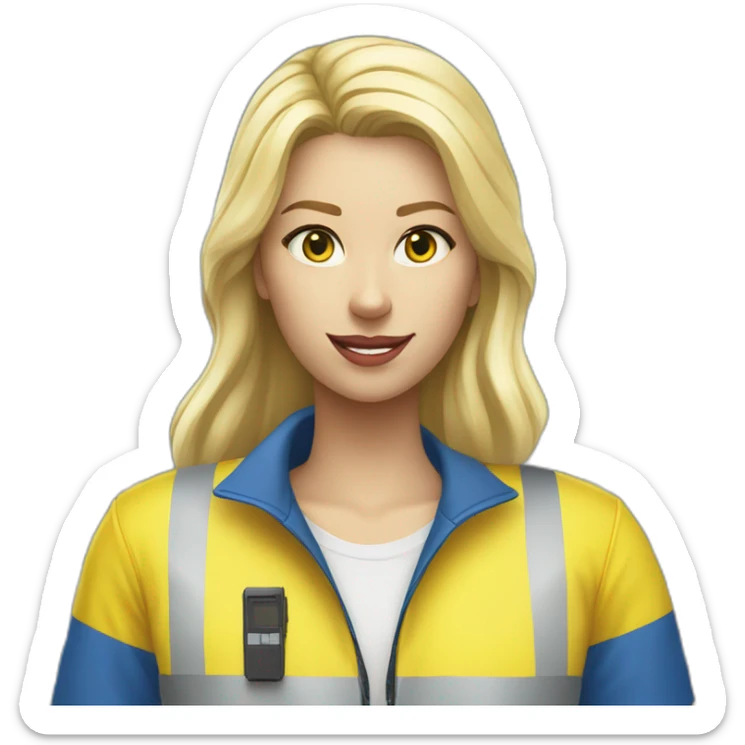 Ikea coworker blond woman blue stripes t-shirt and yellow security vest scanning palets sticker