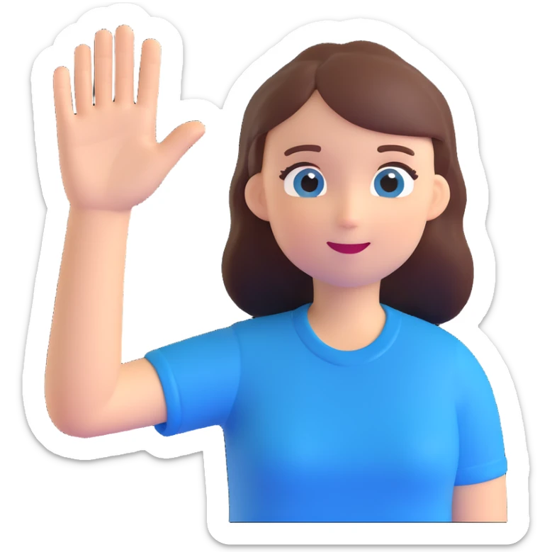 The face of an activist girl waving her hand in a blue T-shirt sticker
