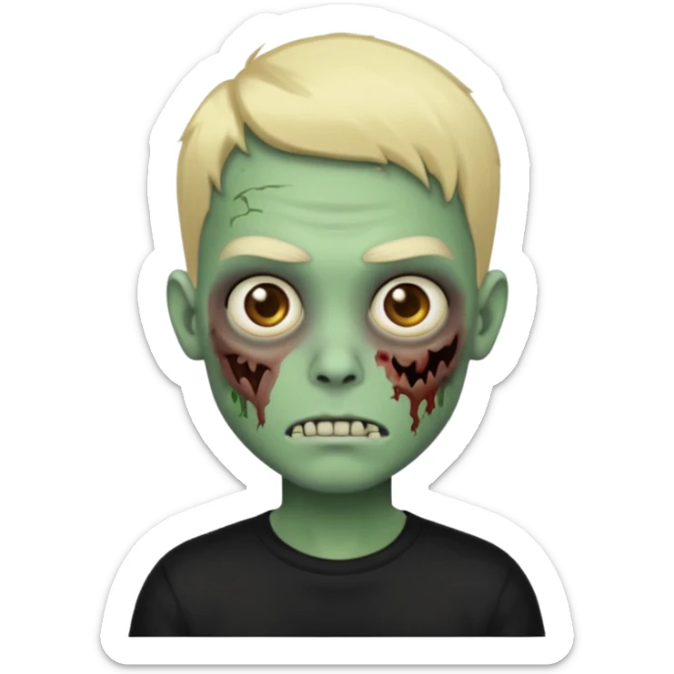 Faça um emoji de um garoto zumbi de cabelos pretos curtos com mechas loiras e com uma camisa preta de mangas compridas. sticker