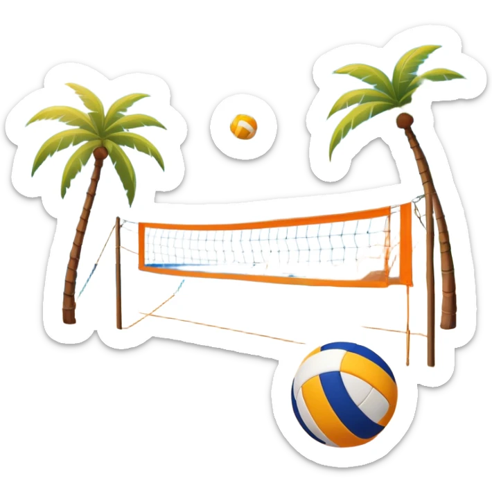 A volleyball resting on the orange sand ground of a beach, with a volleyball net in the background. The scene captures a sunny beach atmosphere with clear blue sea and sky, palm trees swaying, and people in swimsuits enjoying the vibrant surroundings sticker