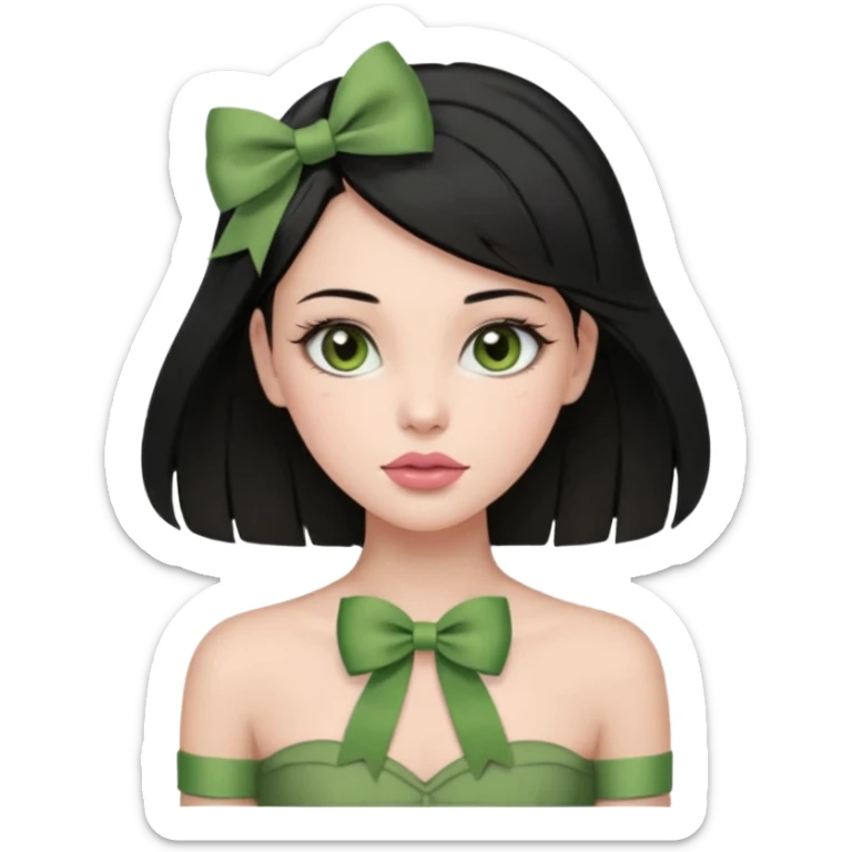 The woman has long black hair with green ribbon bows, light brown eyes, fair skin, and a heart-shaped face. She wears soft makeup, a muted rose lip, and a strapless olive green top. sticker