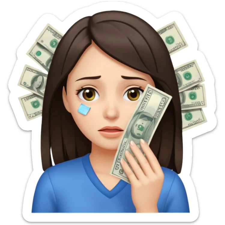 close-up brunette girl drying her tears with money bills sticker