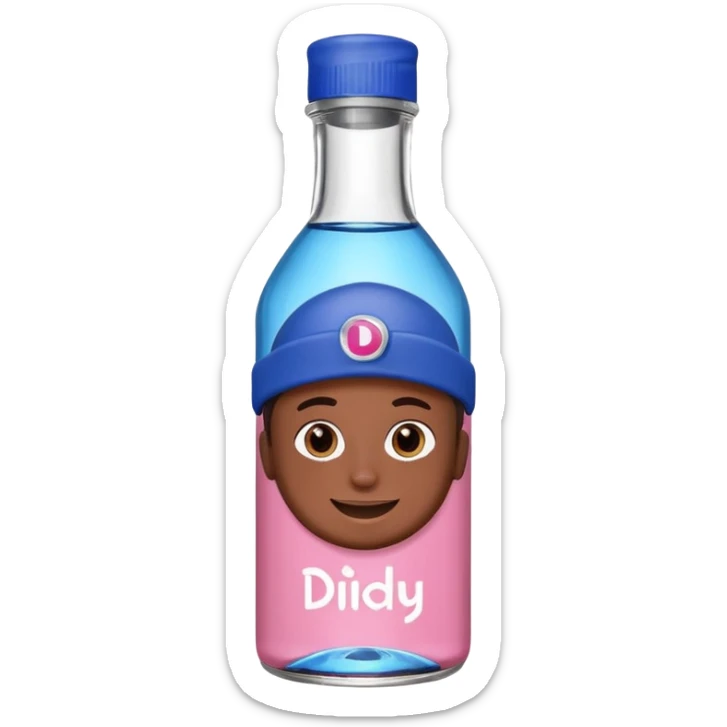 Smiling bottle of oil blue top pink outside with logo that says diddy oil sticker