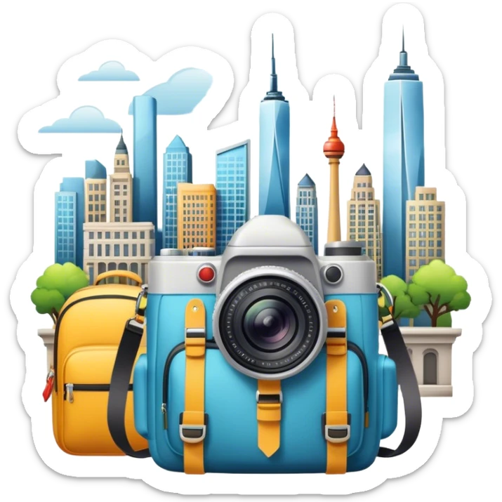 Icon for Urban Tourism: city skyline with iconic buildings, a camera and a backpack. The icon should represent the exploration of urban destinations, with elements like streets, landmarks, and vibrant city life. Transparent background. sticker