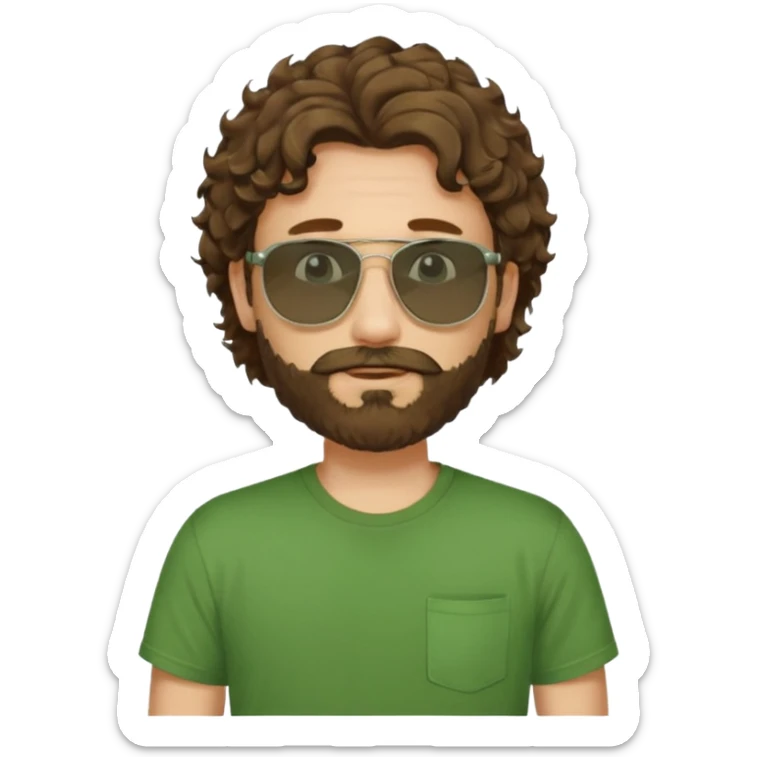 a self asured white male. brown hair. green t-shirt. blue background 5 days beard. sunglasses. longer curly hair sticker