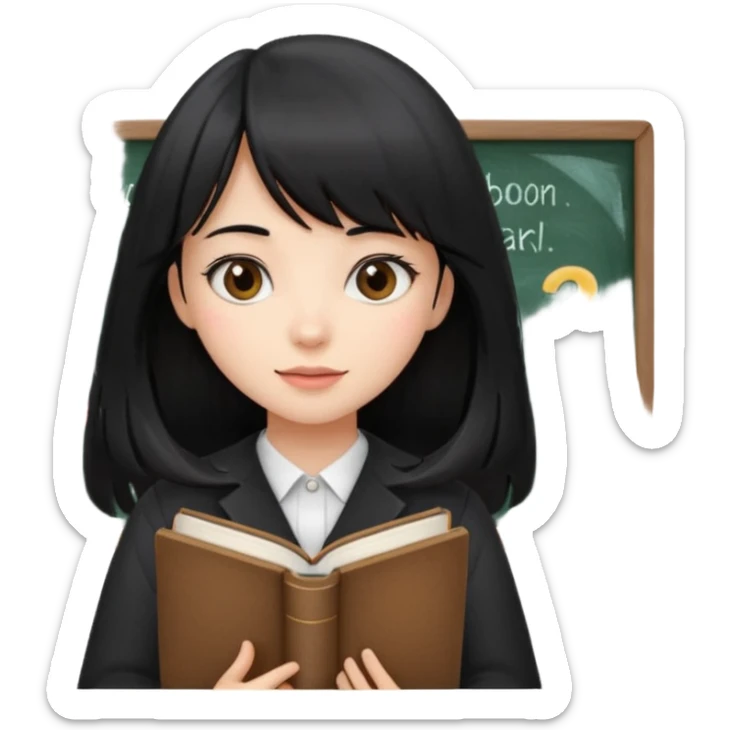 lecture girl with straight bangs fringe long black color hair 
with book and blackboard sticker