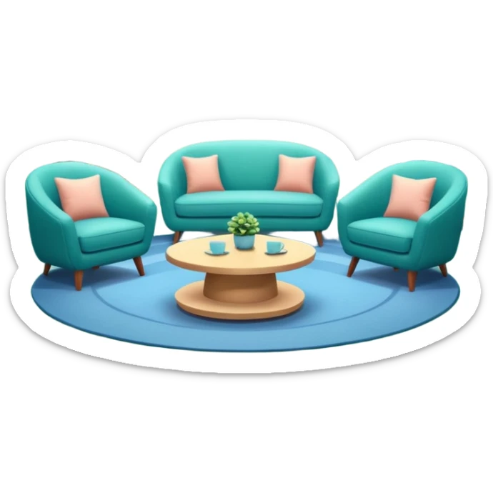 Morning entertainment TV studio, cozy talk show set with armchairs and couch, guests sitting area, round glass coffee table, warm pastel colors, green and blue lighting panels, festive decorations, friendly daytime TV atmosphere, realistic broadcast studio, no branding. sticker