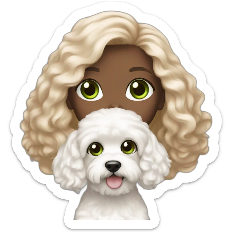Green eyes and Long hair brunette rosy white girl with white maltipoo sticker