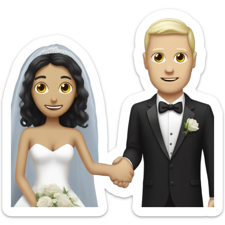 White humman man in a tuxedo holding, Alien reprilian woman in wedding dress, and one , hands getting married sticker