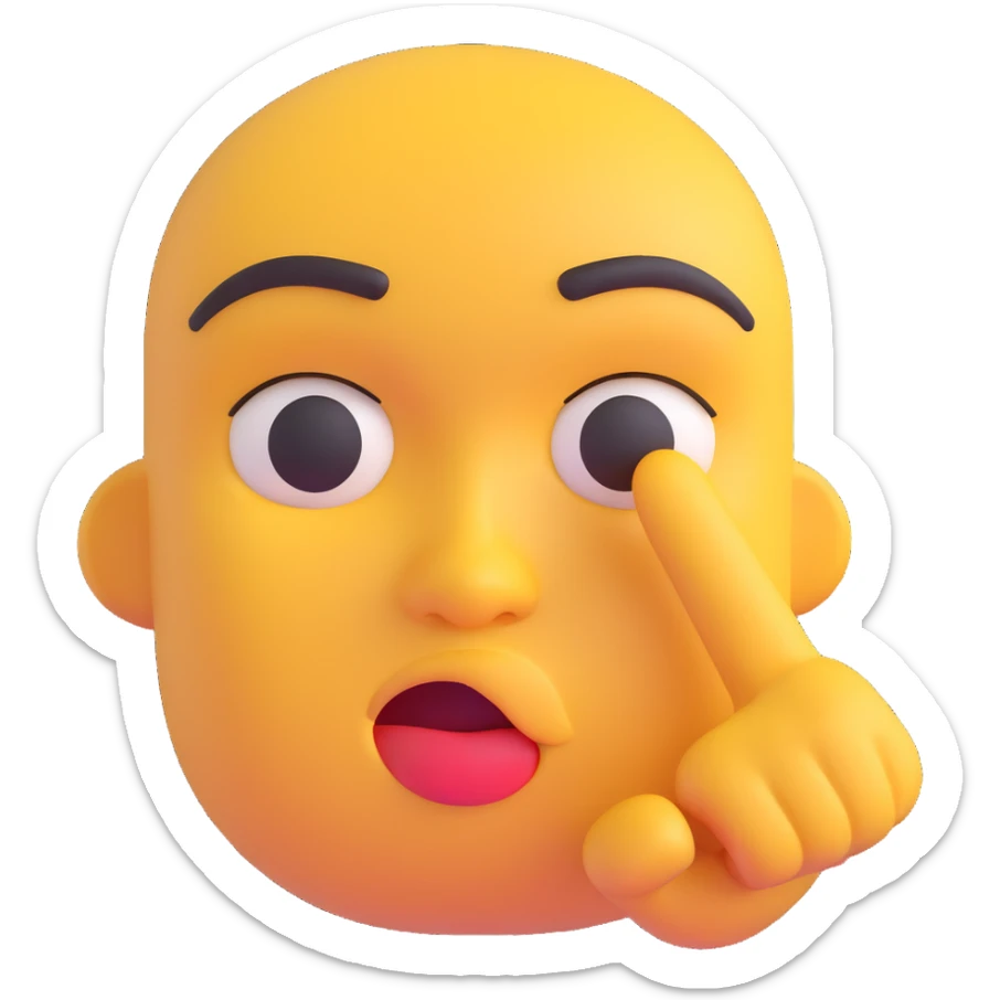 3D emoji of a face with narrowed eyes and finger in front of lips, 'be quiet' sign sticker