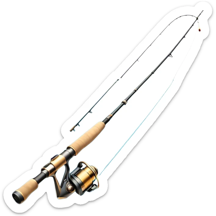 Cinematic Realistic Fishing Rod, sleek graphite rod with a smooth, polished reel, thin line disappearing into a shimmering lake, warm golden sunlight reflecting off the water, glowing with a tranquil and adventurous aura. sticker
