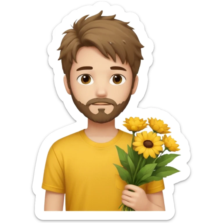 generate an ios genmoji of a 20 year old fair boy with brown long and messy hair with goattee beard on cheeks. carrying a flower bouquet, wearing a yellow tshirt, looking shy.  sticker
