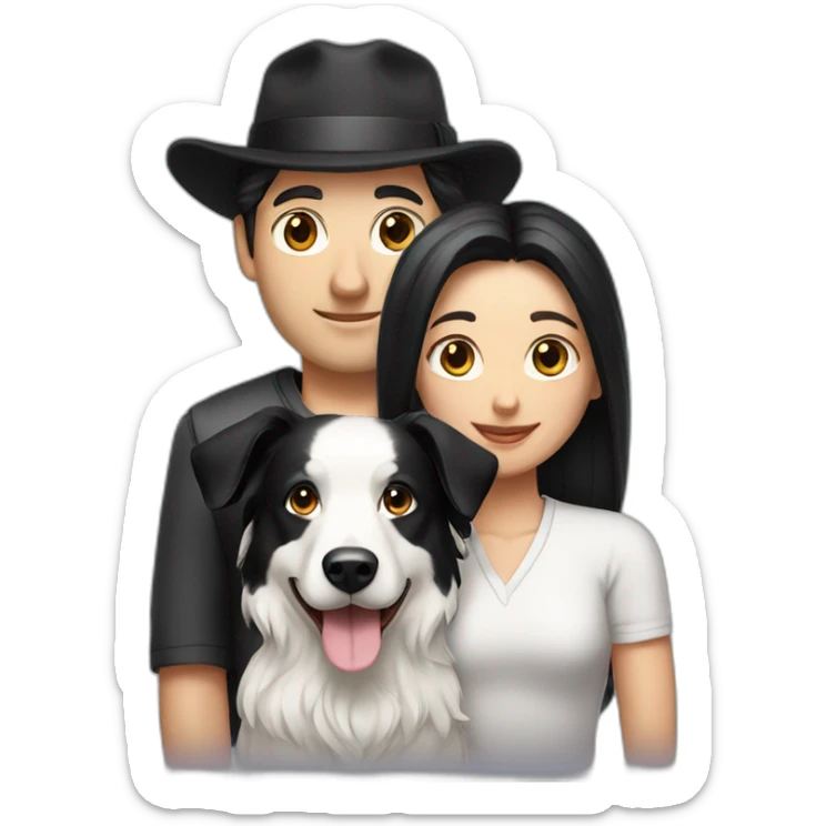 white family group consisting of man in hat and woman with black ponytail long hair and small black border collie dog sticker