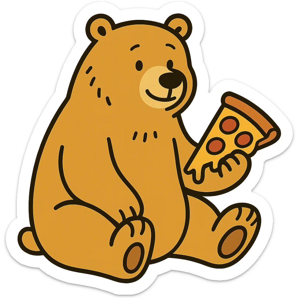 flat toon style blonde grizzly bear sitting, full body, holding a slice of cheese pizza sticker