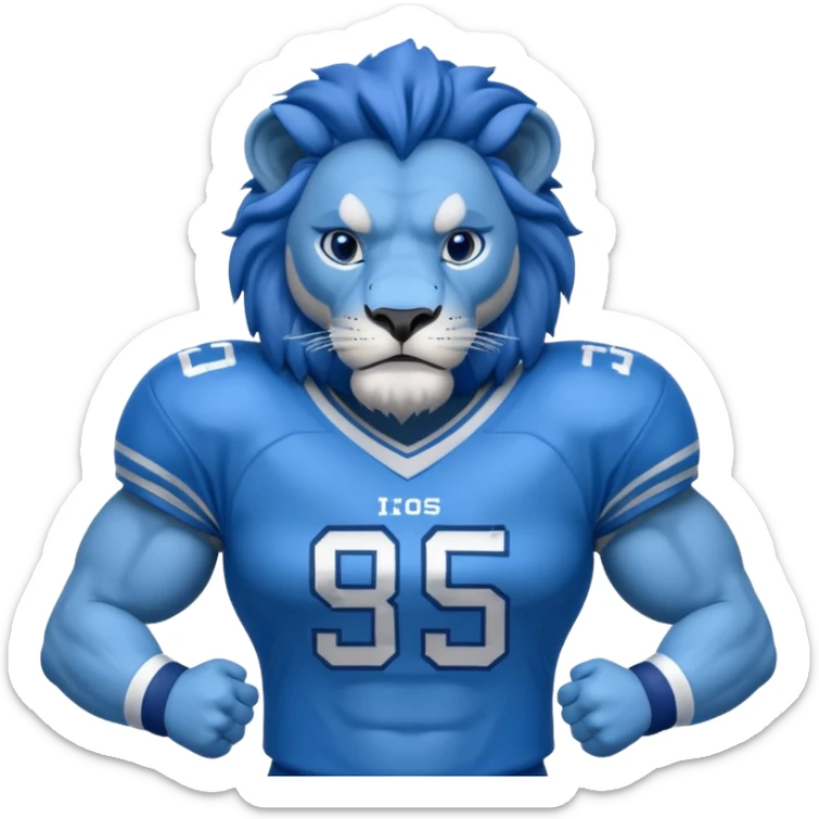 full blue color lion, blue face, wearing blue american football jersey sticker
