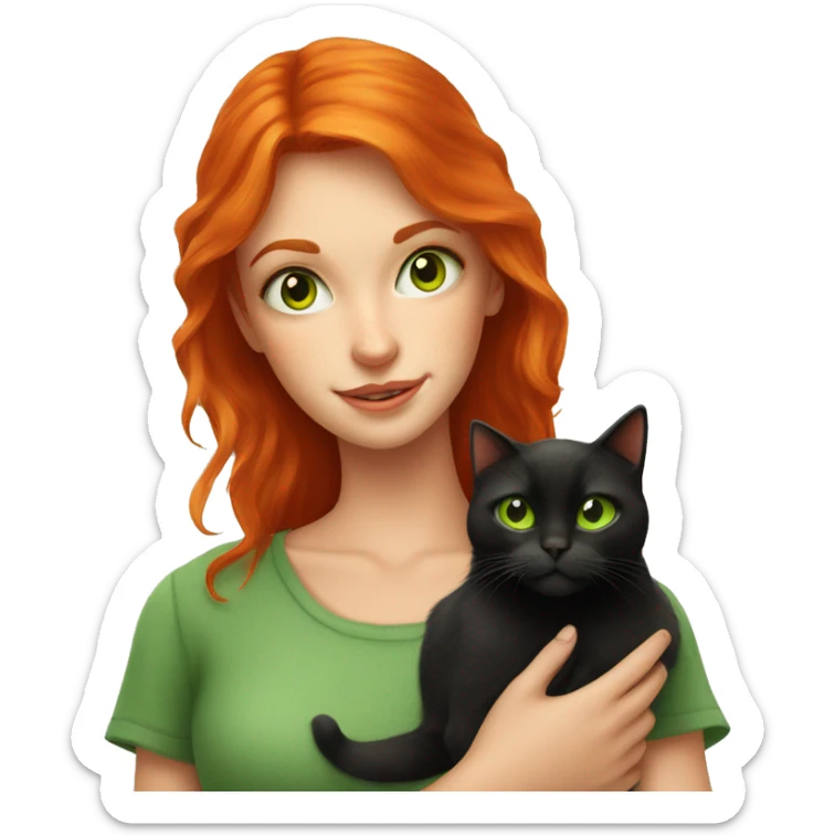 Red head girl with green eyes holding orange eyed black cat  sticker