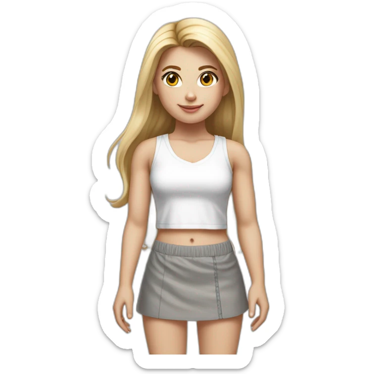 hyperrealist caucasian girl, long straight blonde hair, white v-neck laced crop tanktop, grey tight mini skirt, sneakers, facing camera sticker