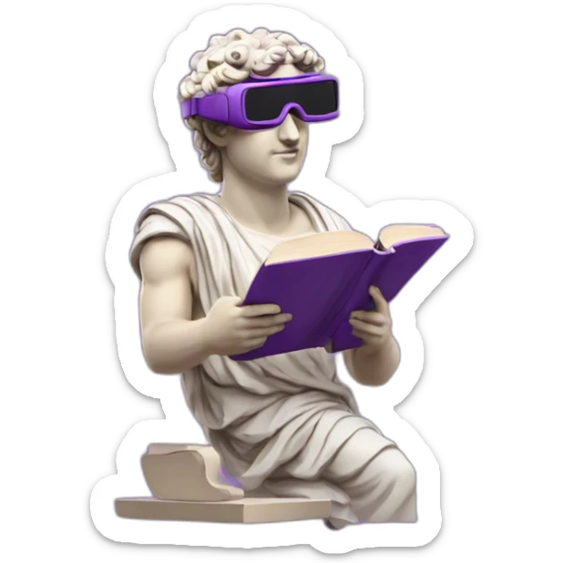an EMOJI OF A ancient young greek statue reading a book, wearing VR glasses, purple colors, DIGITAL UNIVERSE sticker