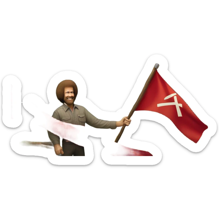 bob ross painting with a background of a hammer and sickle red flag sticker