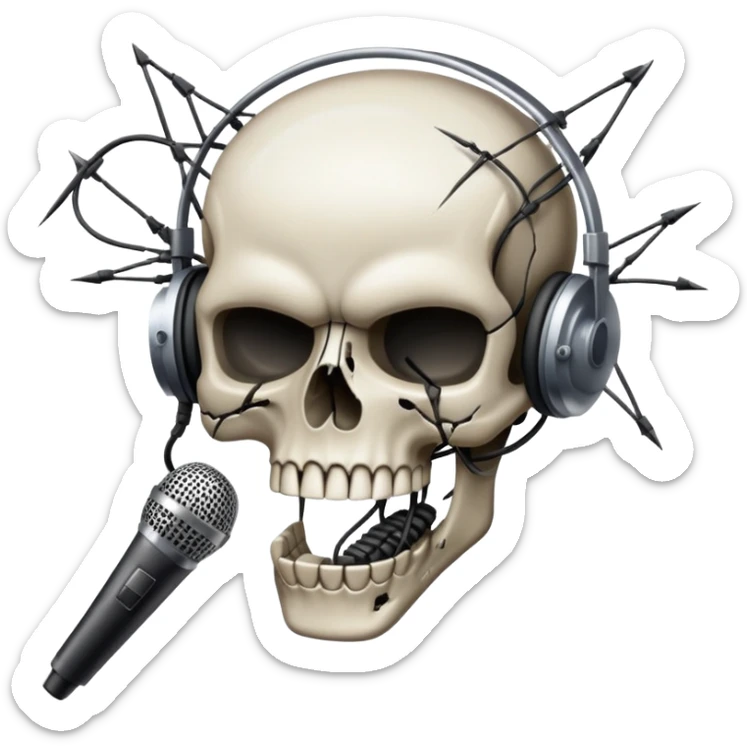 A transparent PNG emoji of a broken microphone with a skull cracked into the side and wires sparking. Looks like someone rage-quit VC. Gritty and dark. sticker