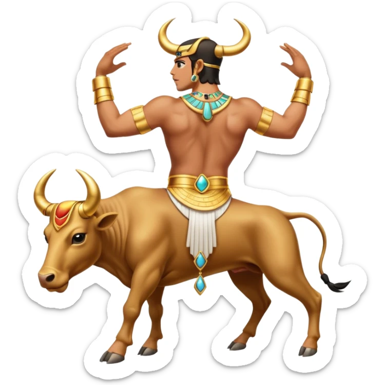 fullbody Egyptian human bull leaper, back view, in 'are you entertained' pose, with gold jewelry sticker