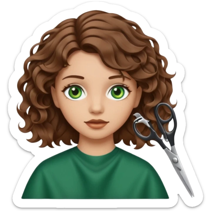 Girl with green eyes and brown wavy hair getting haircut with scissors sticker
