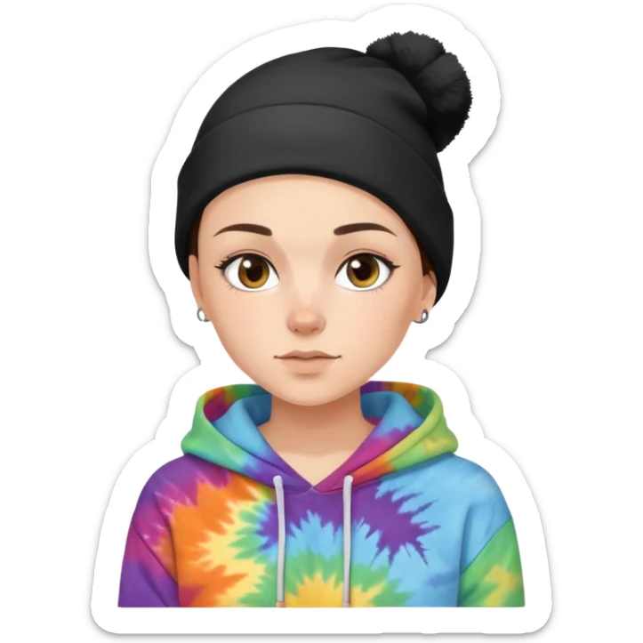 shaved haired brunette girl with a black beanie on and a tiedye hoodie. please make her hair even shorter sticker