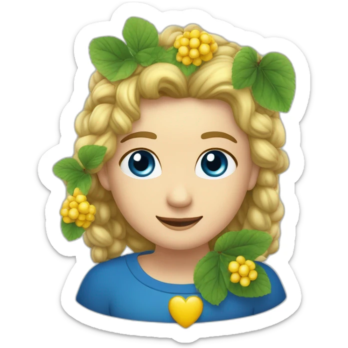 Ein gelbes Herz in einem blauen Kranz lächelt und hält einen Viburnum in seinen Händen sticker