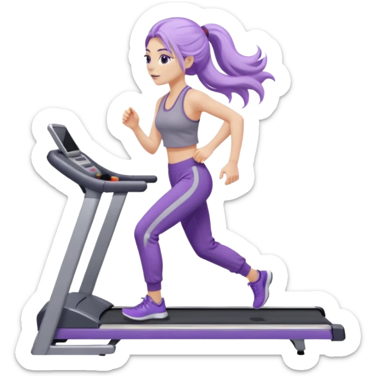 Девушка белокожая на беговой дорожке, с длинными светло-лиловыми волосами, в лиловом топе, в серых спортивных штанах, с черными ресницами sticker