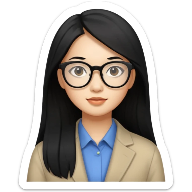 30 yr old asian woman, straight thick long black hair, big black glasses, side part sticker