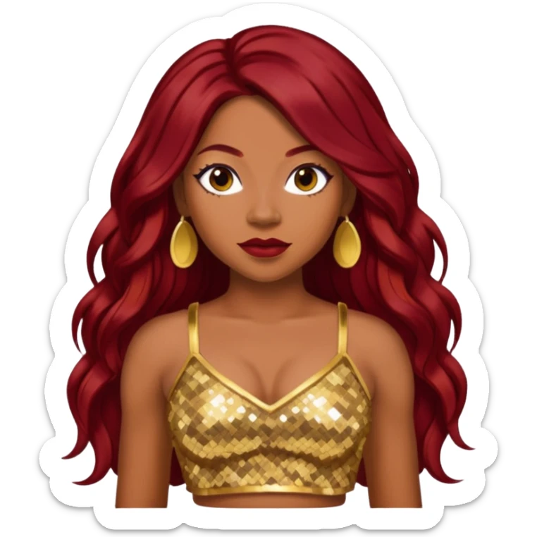 LaTavia Robeson with long dark red hair, gold sequin crop top  sticker