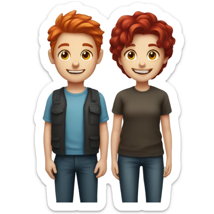 smiling red hair girl and dark hair boy portrait sticker